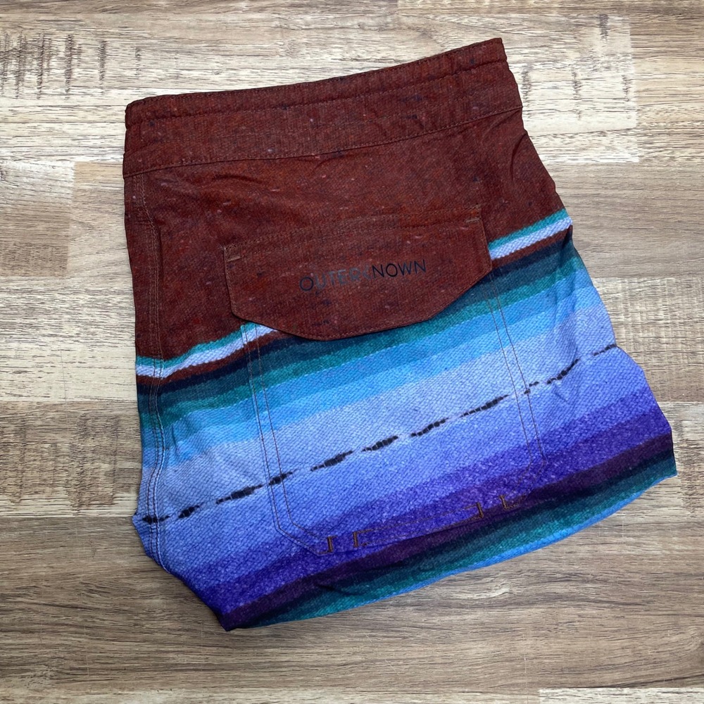 Outerknown Apex Serape Baja Striped Board Shorts Men's 32 Brown Blue 8" Inseam